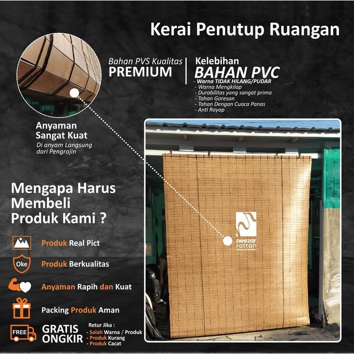 Tirai kerai jendela hujan kamar mandi outdoor pintu rumah 250x250 cm