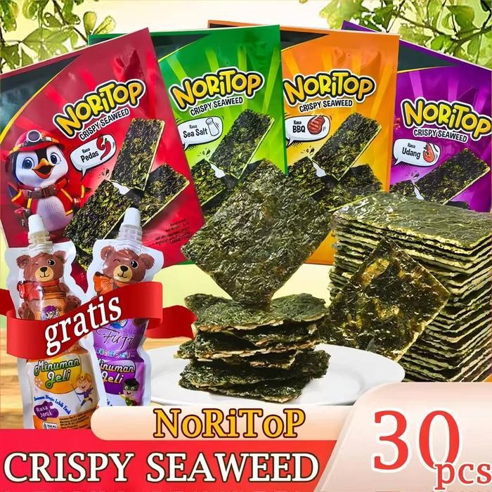 

PREMIUM (HALAL)Noritop Crispy Seaweed Rumput Laut Halal Nori Crispy ada 4 varian rasa mix Isi 30 PCS