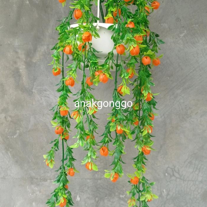 PREMIUM Hiasan Bunga Vernalya Priti Orens Gantung dan Pot Tali Plastik Putih Hiasan Pajangan