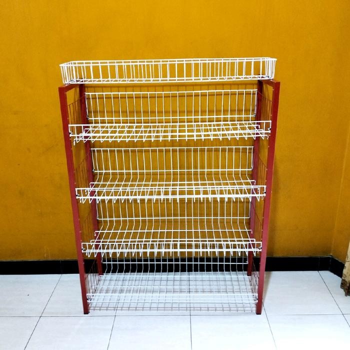 Rak Minimarket Merah Kotak Roda Ss 5/Rak Ciki Susun 4/Rak Chiki Susun 5 Merah Besi