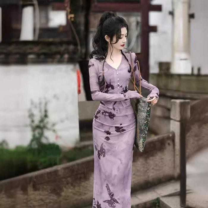 Dress Chinese Simple Style Ungu Kupu Kupu One Set Long Dress Bunga Bunga Victorian Dress Vintage