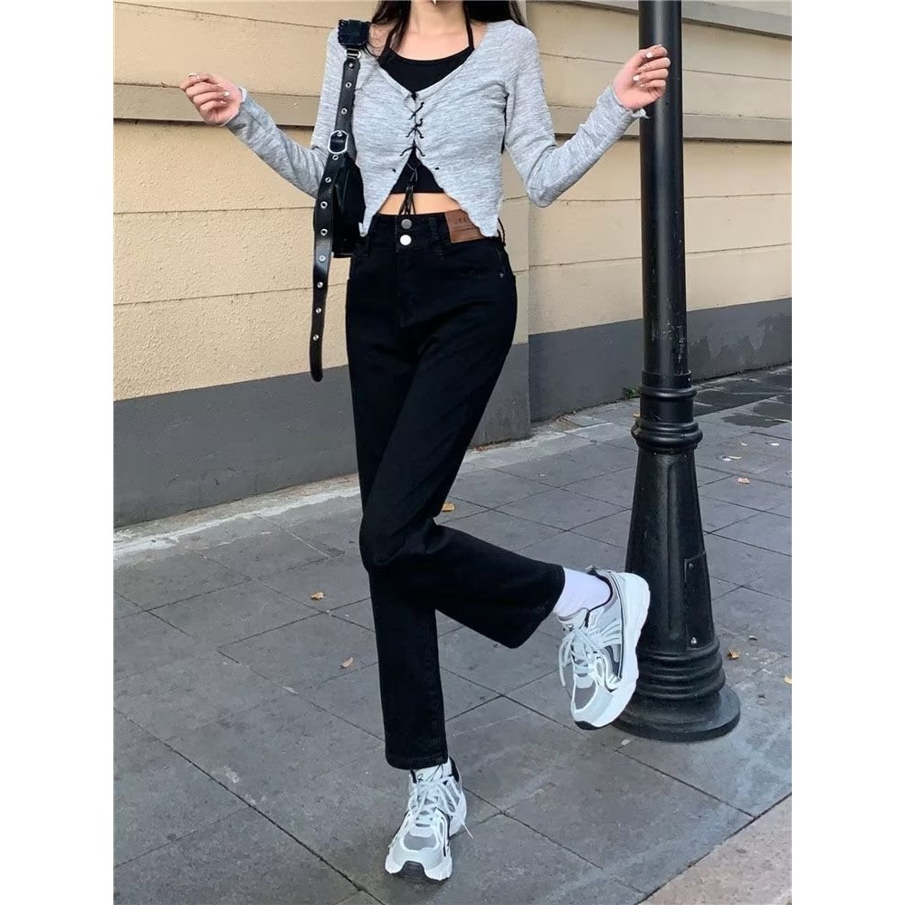 Spring And Autumn New Retro High Waist Slimming High-Rise Wide-Leg Pants High Waist Jeans Korean