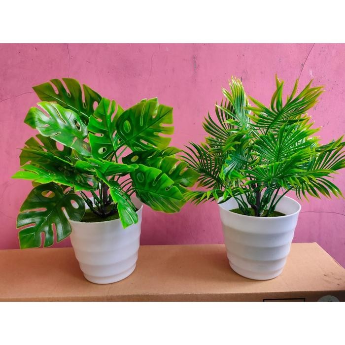 (Allthebest) Bunga Plastik Hias Tanaman pot Bonsai Monstera Janda Bolong