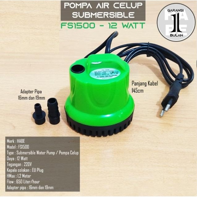 HABE Pompa Air Celup 12W Pompa Kolam Ikan Submersible Pump FS1500