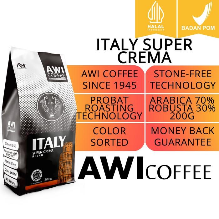 

AWI COFFEE ITALY SUPER CREMA BLEND FOR CAFE 200GR ARABICA ROBUSTA BLEND ESPRESSO LATTE V60 VIETNAM