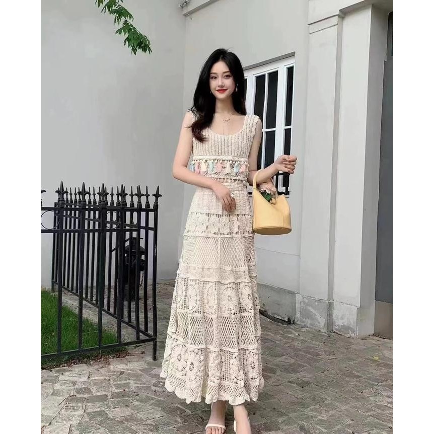 ELIS set rajut pantai wanita setelan rajut tanktop + rok maxi import