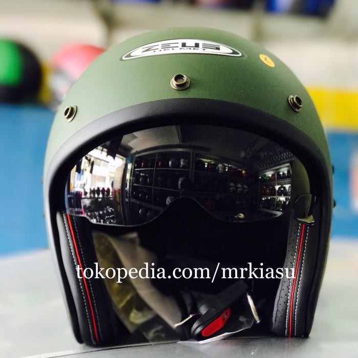 PREMIUM zeus 381 matt green doff hijau dop helm retro bogo vespa harley