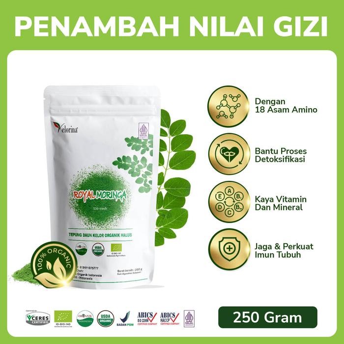 

PREMIUM KELORINA - ROYAL MORINGA POWDER - Tepung Daun Kelor halus 500 Mesh Bahan Makanan Organik