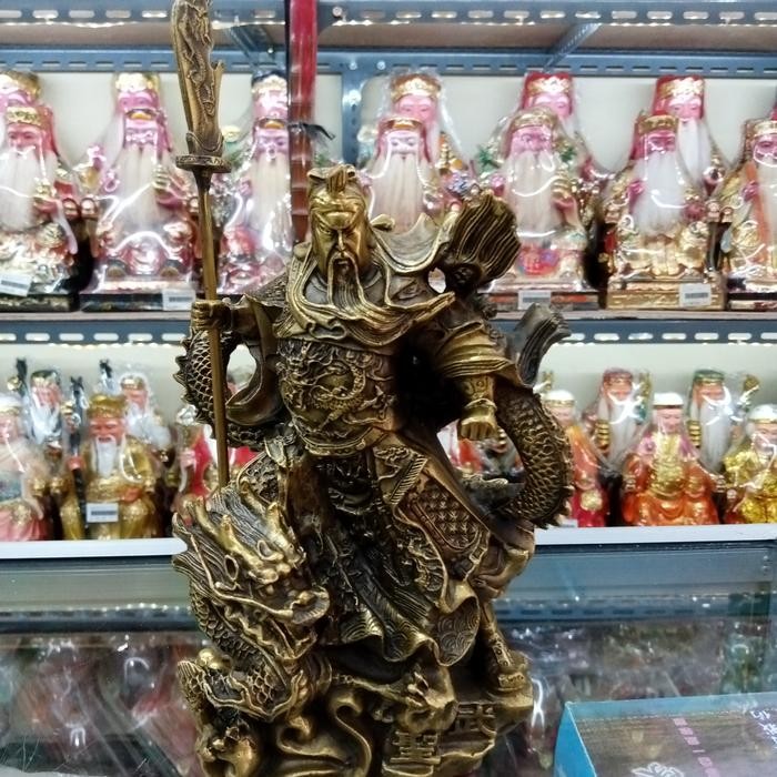 patung dewa kwan kung/ kwan kong / guan yu - naga - kuningan - 8inch