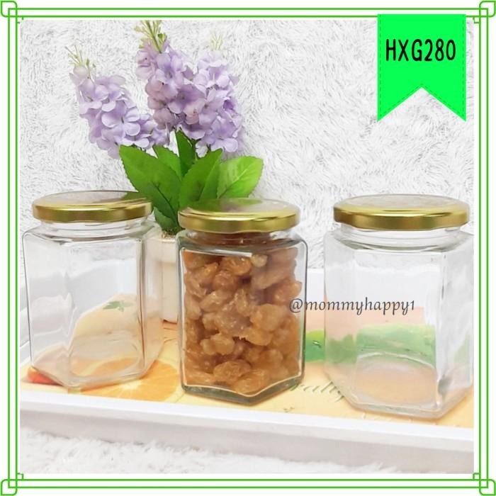 (Expert) HXG280 Jar / Botol / Toples Kaca Hexagonal 280-320 ml Tutup Gold