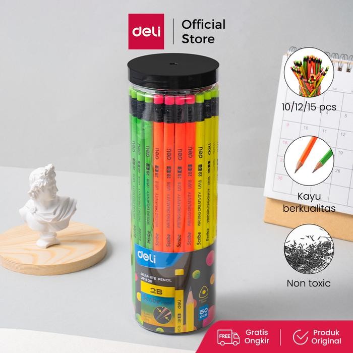 

Deli EU51806 Grafit Pensil Kayu 50 Pcs/Tube 4 Warna dengan penghapus