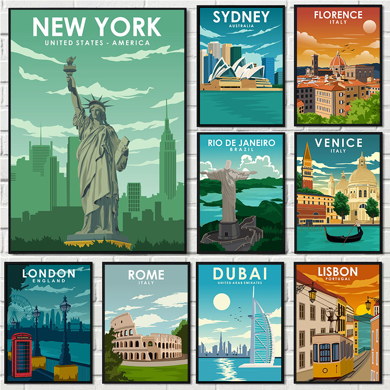 Nordic Retro City Travel Poster London New York Lisbon Venice Sydney Rome Italy Canvas Painting