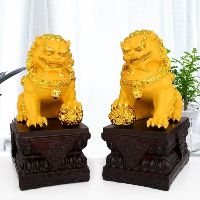 Patung Fu Dog Emas Sepasang Pajangan Qilin Singa Fu Hoki Hongsui KAYU