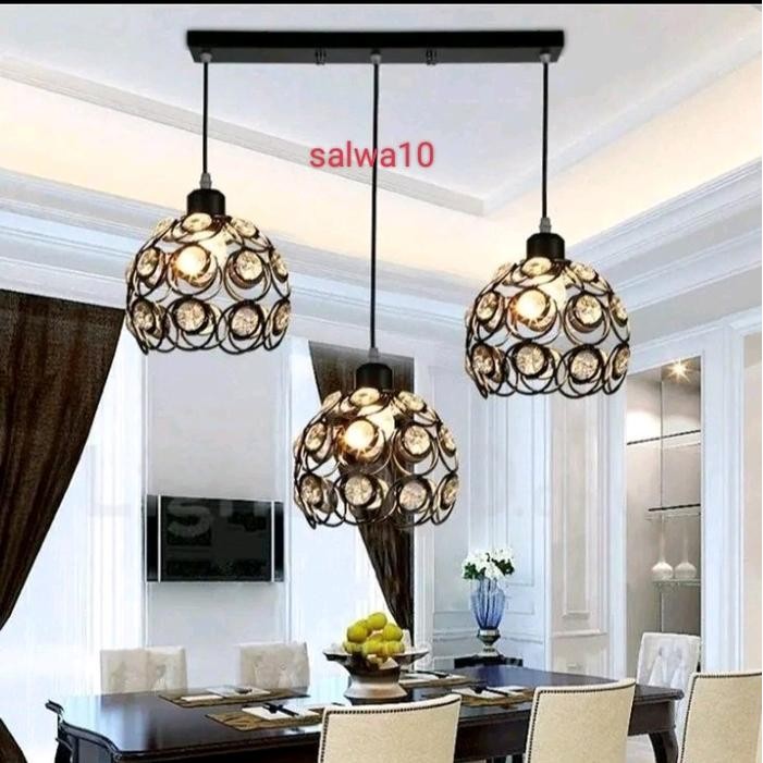 lampu hias gantung ring full keristal+bohlam 3 warna putih Bulat