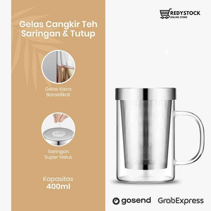 Gelas cangkir teh kaca 400ml saringan dan tutup stainless steel