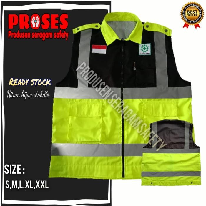 ROMPI SAFETY VEST KERAH HIJAU STABILLO HITAM-ROMPI SAFETY PROYEK MURAH