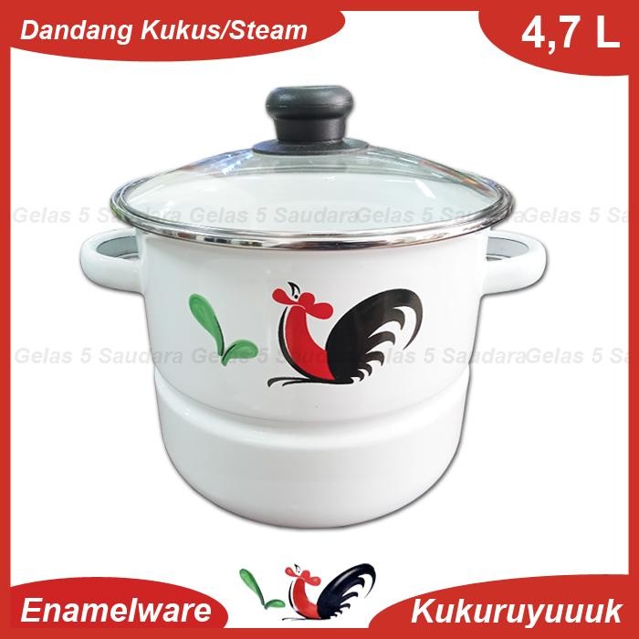 PREMIUM Dandang Kukus Steam Enamel Motif Ayam Jago/Dandang Steam/Panci Steamer
