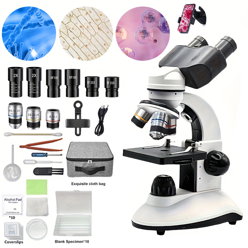 Biological Optical Compound Microscope 40X-1000X Magnification Led Portable Body Wide Angle Eyepiece