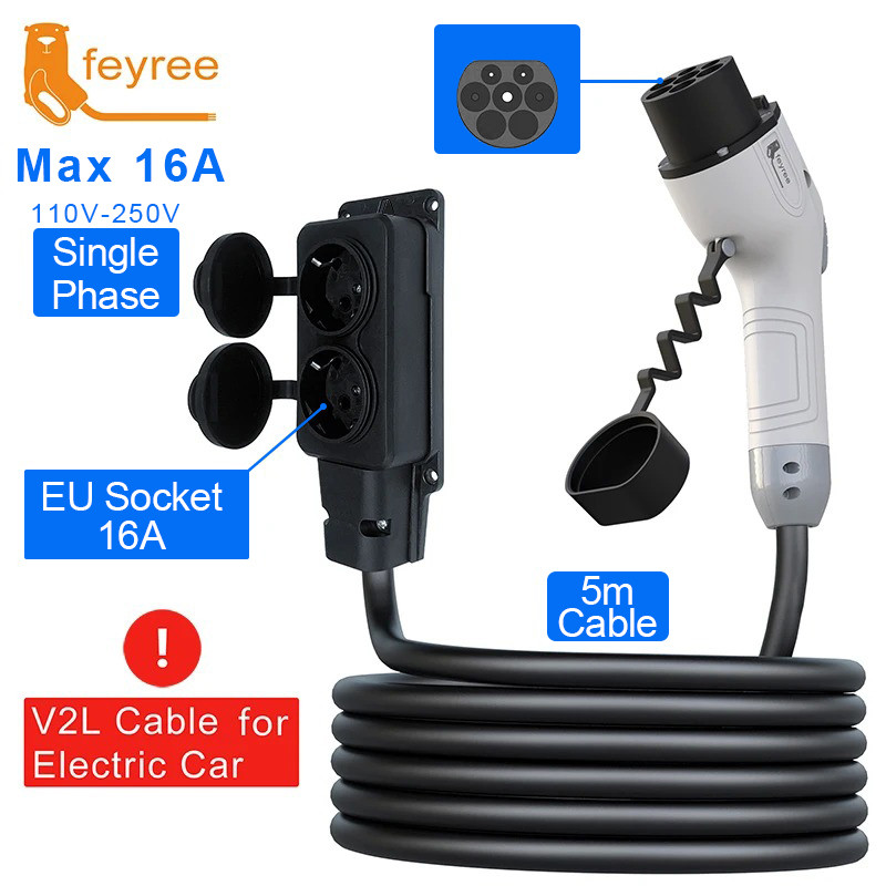 feyree V2L Cable Discharge Plug EV Charger GBT Socket 16A Charging Cable 5m with EU Adapter Outdoor 