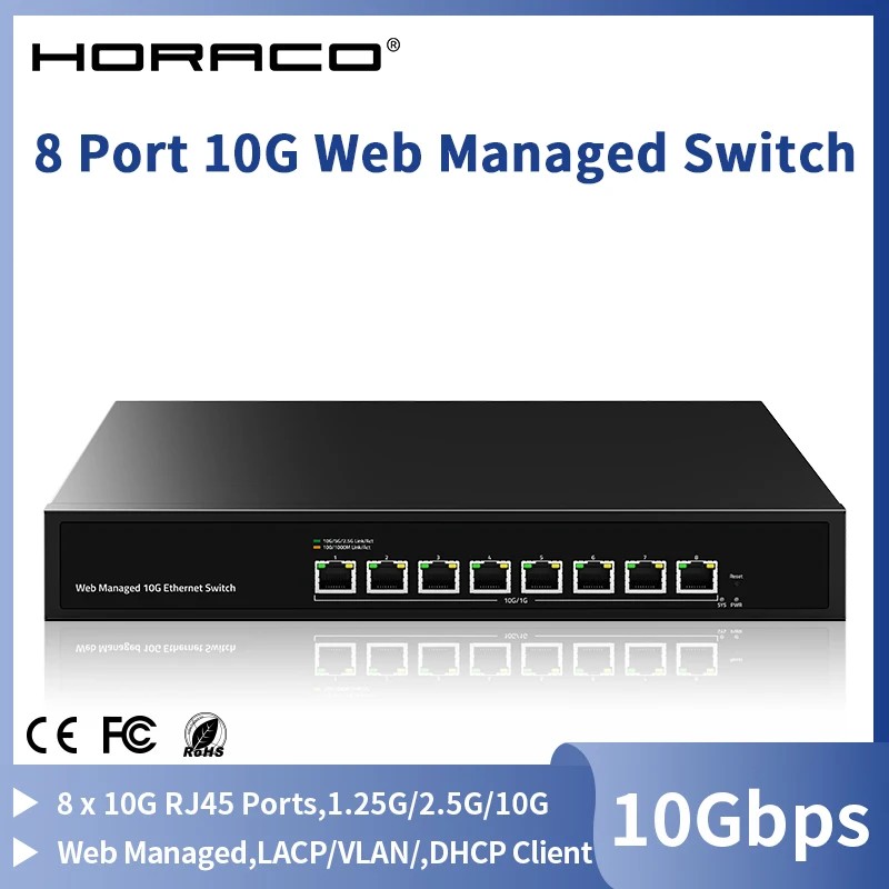 HORACO 10Gb 8 Port Web Managed Ethernet Switch 10000Mbps Network Switch 160G Bandwidth Homelab Netwo