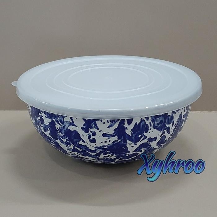 Rantang Mangkok Bowl Enamel Tutup Plastik 23cm biru blirik