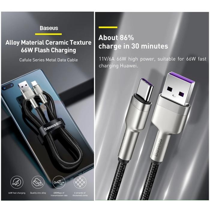PREMIUM BASEUS Cafule Metal Data Kabel USB Type-C 66W Fast Charging Braided