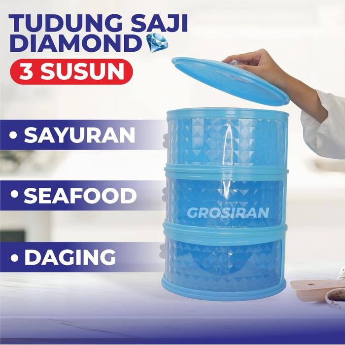 PREMIUM [Diamond Shape] Tudung Saji 3 Susun BIRU / Rak Makanan Susun Kekinian