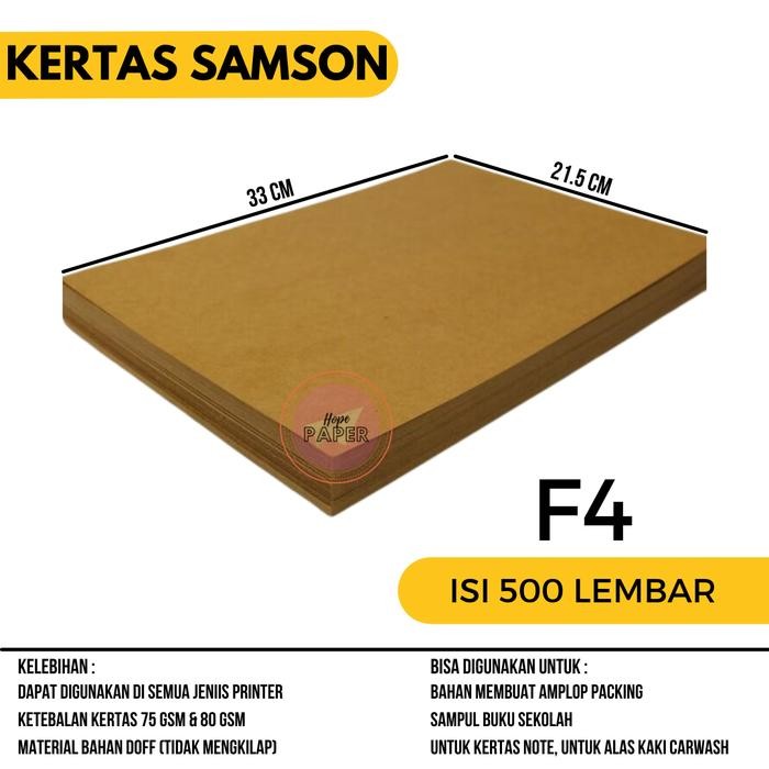 

Kertas Samson F4 75 gr & 80 gr isi 500 lembar / Kertas Sampul Buku F4 / Kertas Coklat Packing /
