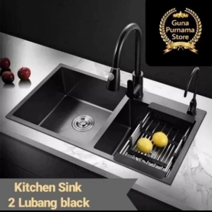 Bak Cuci Piring Dua Lubang Hitam 8245/Tempat Cuci Piring Kumplit