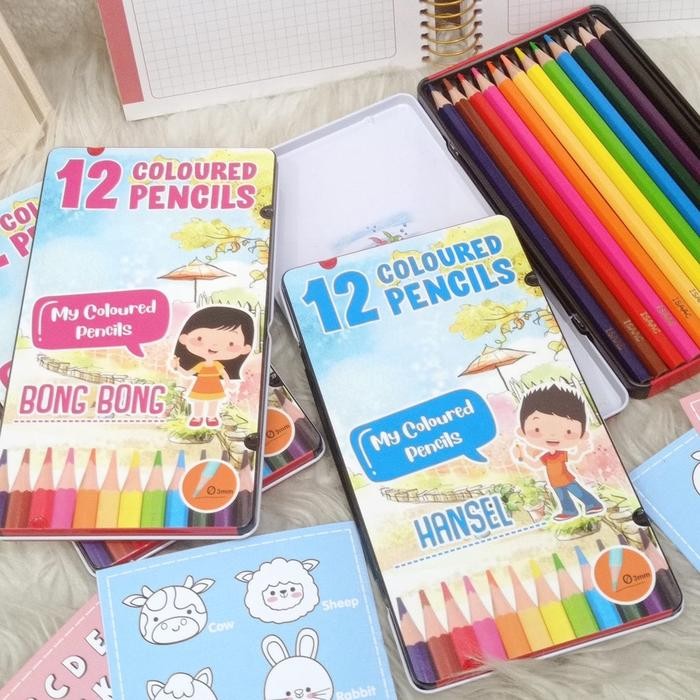 

12 color pencil tin custom pensil warna kaleng isi 12 grafir nama