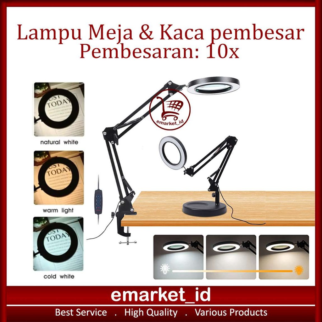 EM Kaca Pembesar Meja LED 10x 108mm G13x / Desktop USB Magnifier Lampu Baca Klip Table Lamp / Multif