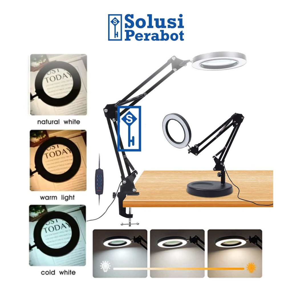 Kaca Pembesar Meja LED 10x 108mm G13x SP / USB Desktop Magnifier Lampu Baca Klip Table Lamp / Multif