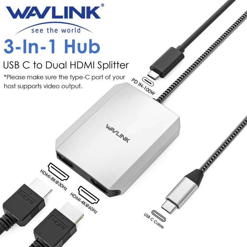 WAVLINK USB C to HDMI Dual Display Adapter 4K@60Hz 3-In-1 HDMI Adapter with 95W Power Delivery for M