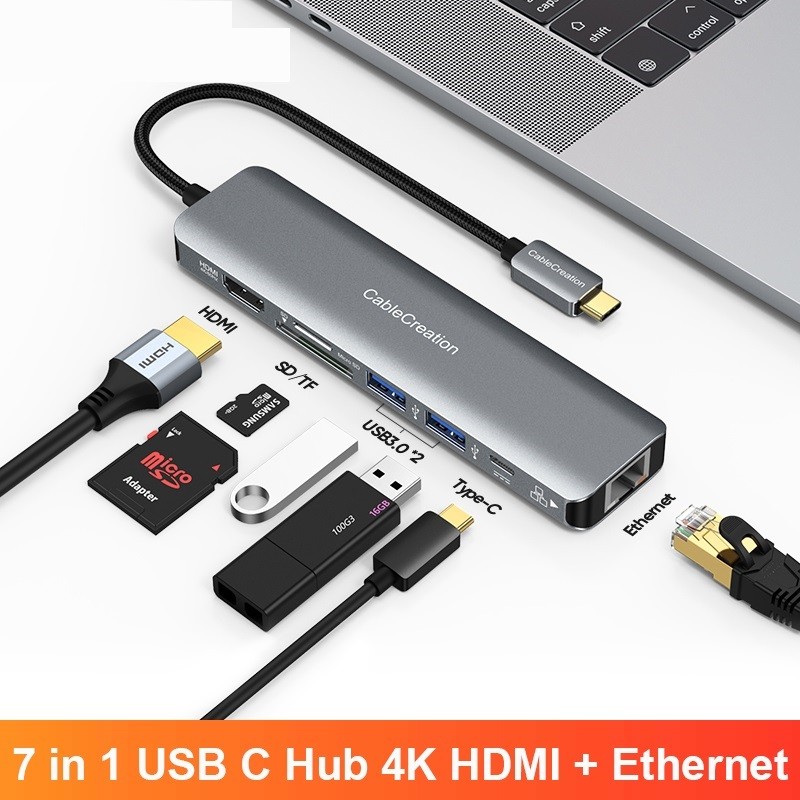 New: USB Type C Hub HDMI 4K 60Hz 7 in 1 USB C Adapter RJ45 PD Charge Type C Dongle for Macbook Air P