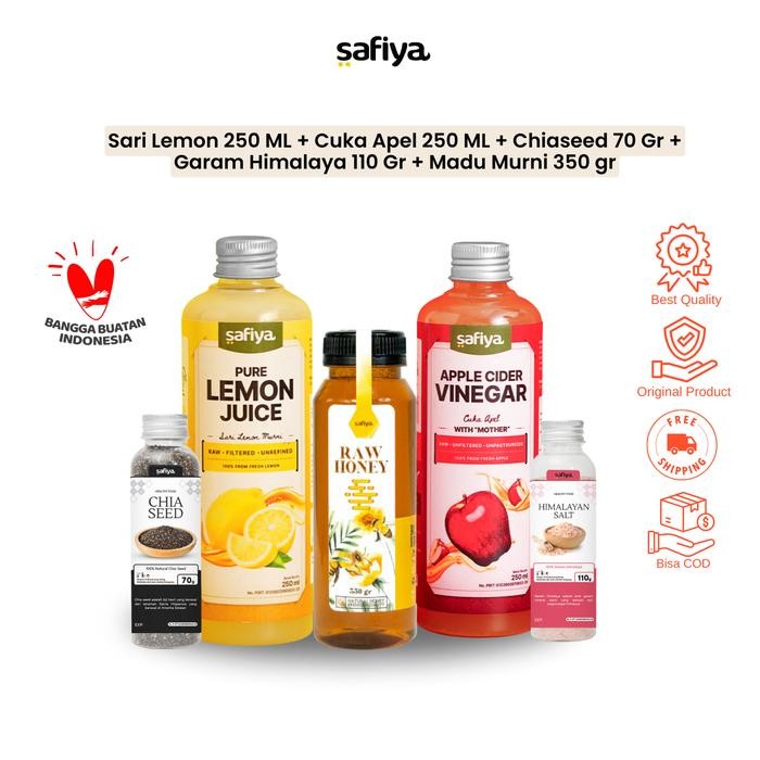 

Safiya Paket Komplit 5in1 Cuka Apel 250 ml + Sari Lemon 250 ml + Chiaseed+ Garam Himalaya + Madu