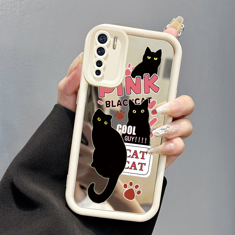 Casing Hp OPPO A91 OPPO F15 OPPO Reno 3 Case Casing Kucing Hitam Kepribadian HP Kesing cermin Softca