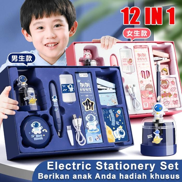 

Electric Stationery Set / Set Alat Tulis Elektrik Rautan Penghapus Vacuum Pensil 12 In 1