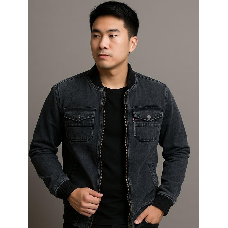 EIGHTEEN MAMIMA jaket jeans denim pria krah boomber resleting hitam lengan panjang casual distro