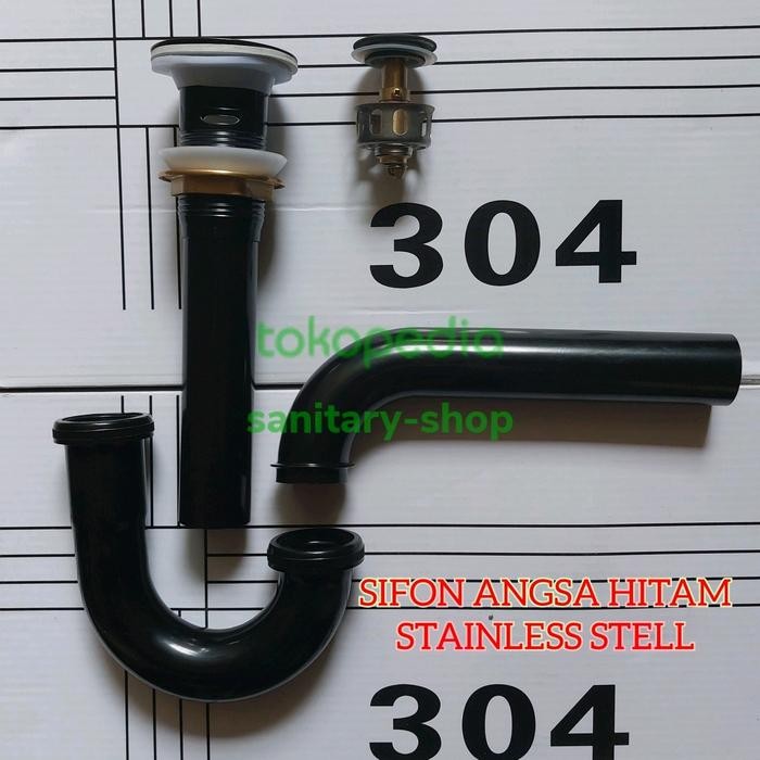 sifon wastafel stainless hitam / sifon angsa + afur tekan over flow