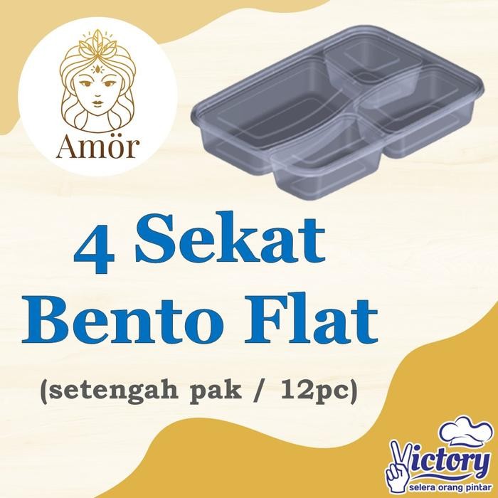 12pc_Thinwall Bento 4 sekat Flat_Packaging Plastik Kotak Makan Bento