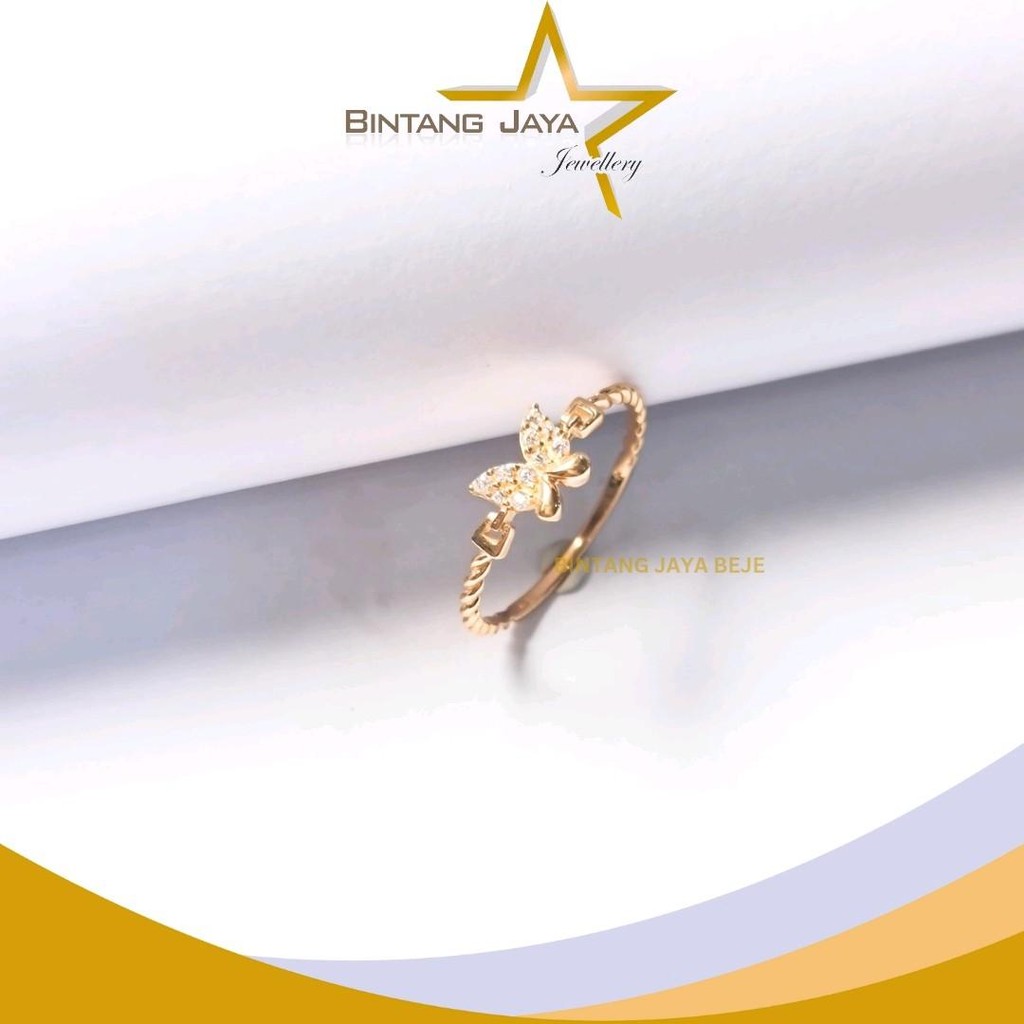 Cincin Emas Asli Butterfly M Putih Samping Lilit No.15.5 (16K) - Berat 1.27gr - Motif Kupu-Kupu Unik