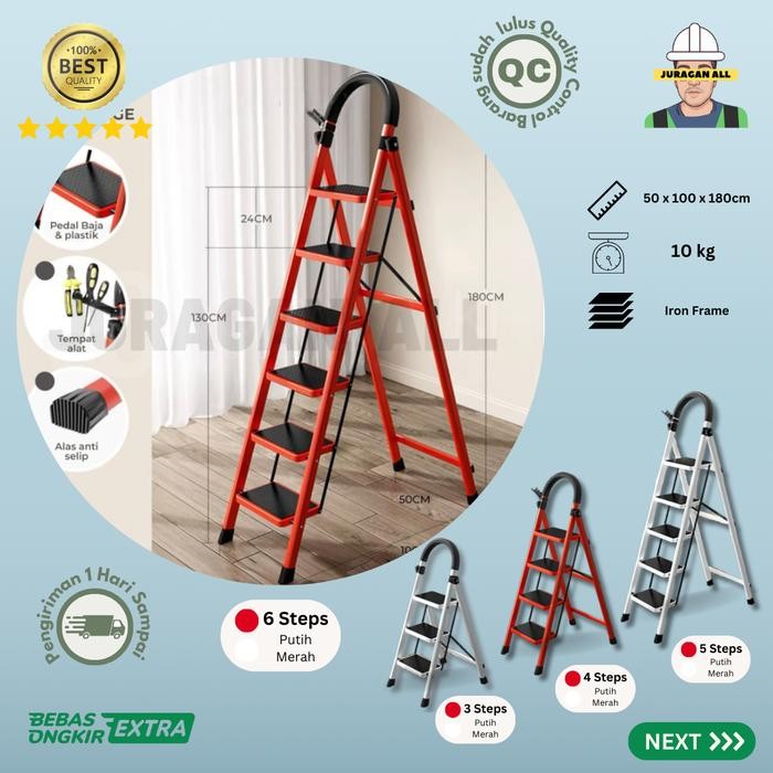 Stok Ready. Tangga Lipat/Tangga Portable/Tangga Lipat Besi Alumunium-6 Step Merah