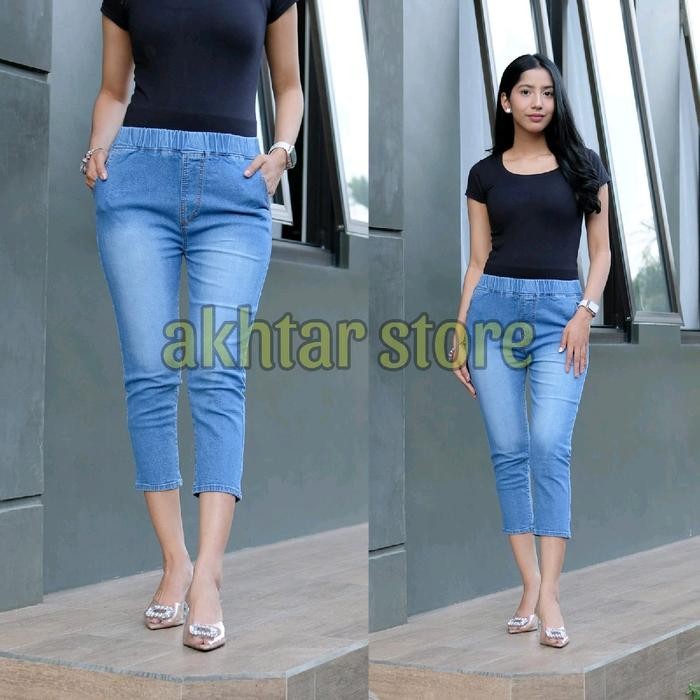 NEW (AKHTAR-JEANS) Clara jeans 7/9 pinggang full karet jeans wanita polos Nyaman Melar Hitam Navy