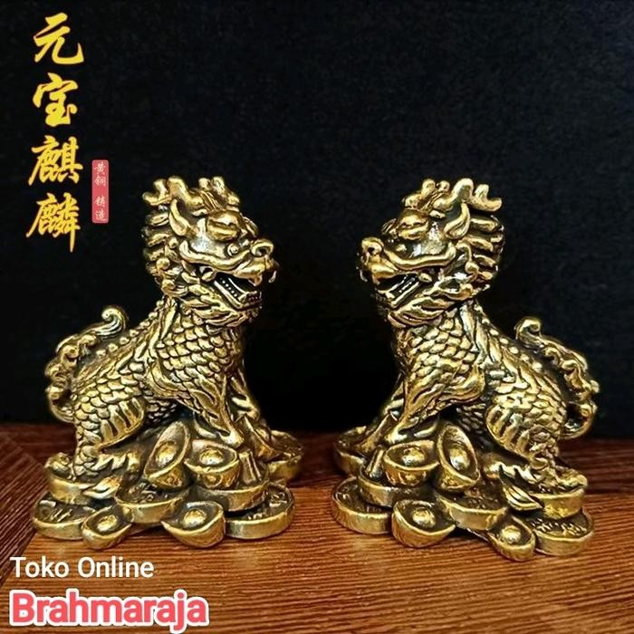 Sepasang Patung Kilin Qi Lin KEREJEKIAN Bahan Dari Logam Kuningan