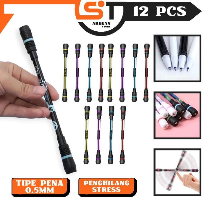 

1LUSIN ISI 12 PCS Pulpen Spinning Pen Putar Anti Stress Alat Tulis Stationery Pena Bolpen Balance