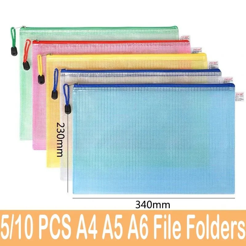 

5/10 PCS Stationery Storage Folder File Mesh Zipper Pouch A4 A5 A6 Document Bag Zip File Folders