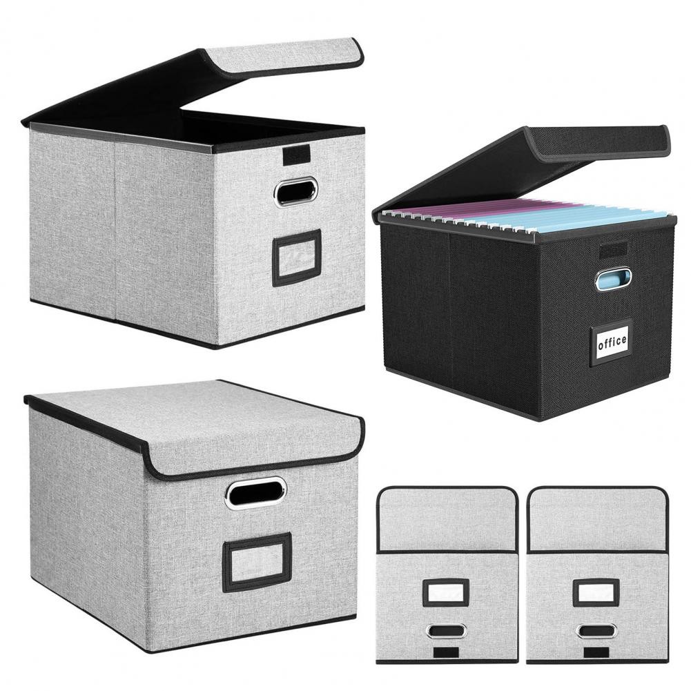 

File Storage Box with Lid Hanging Office Document Organizer Metal Handle Legal Letter Size Foldable