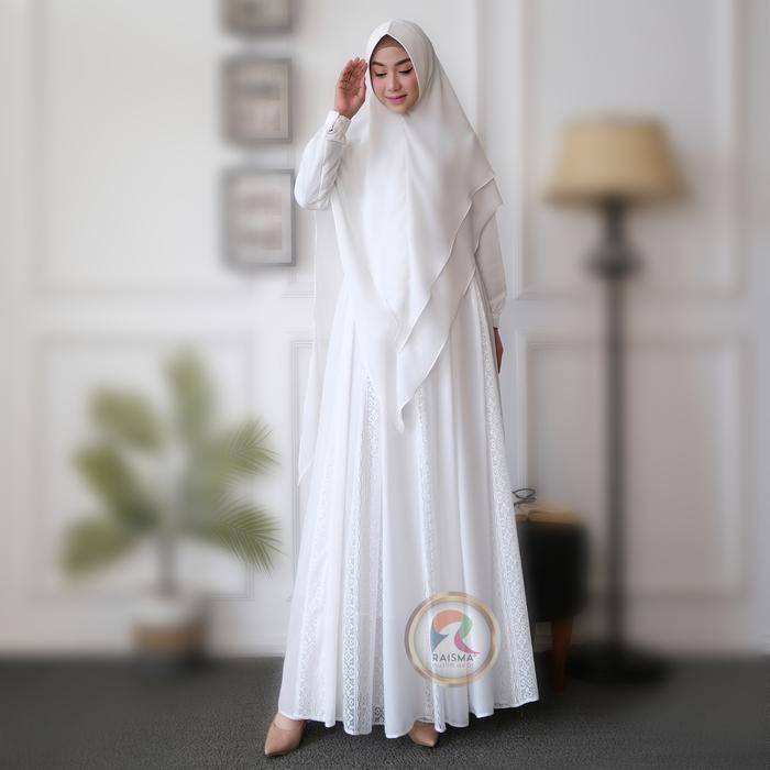 Raisma - Zubaidah Gamis Putih Syari Model Pecah12 Ceruti Jilbab Ceruti Jilbab Muslim Simple