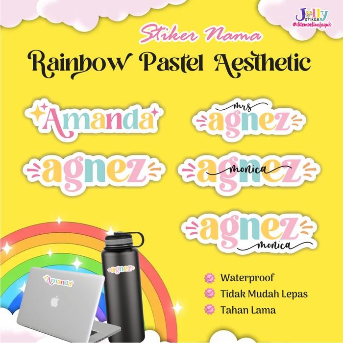 

AT Stiker Nama Aesthetic Pastel Rainbow Sticker Label Custom Waterproof