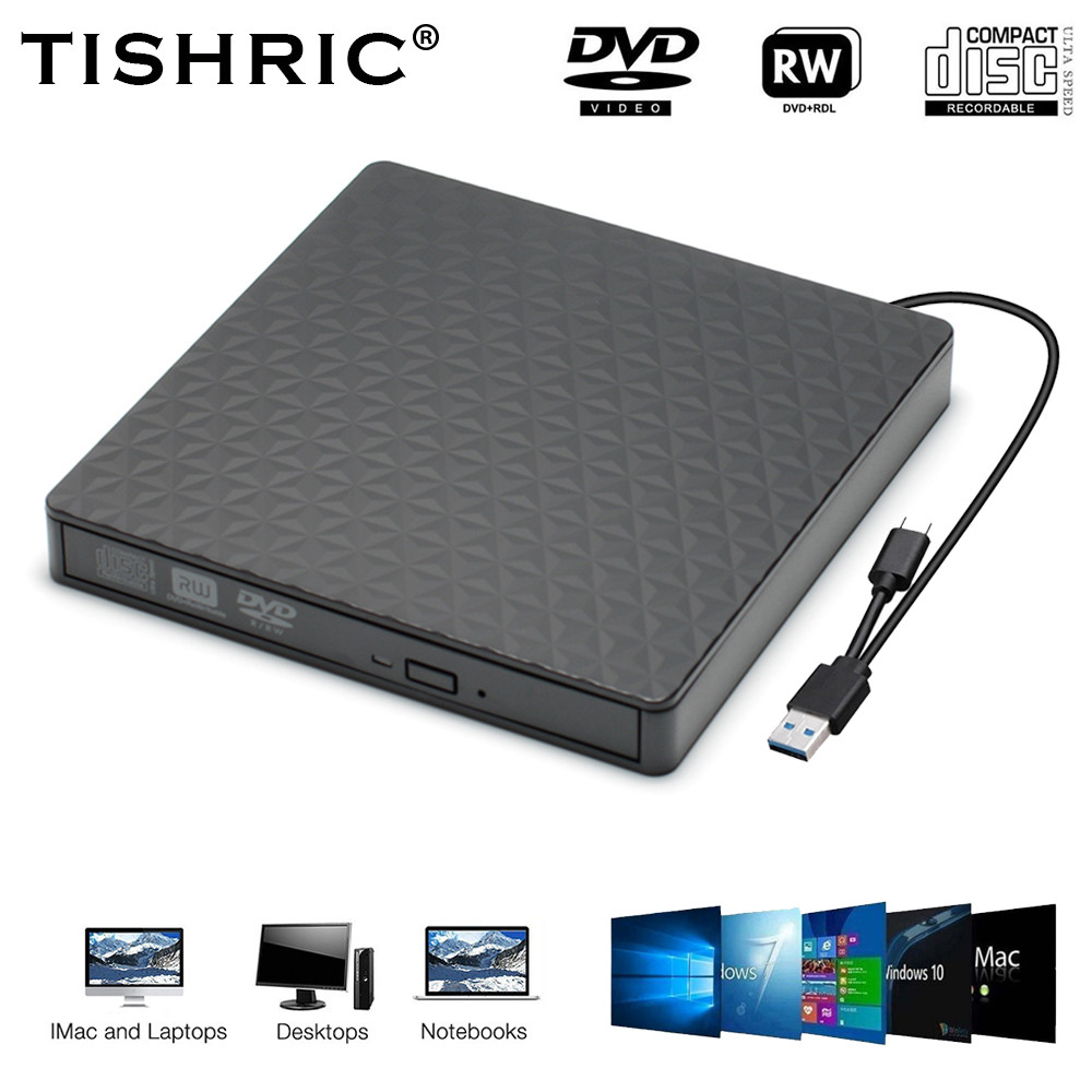 TISHRIC USB3.0+Type C DVD-RW External Optical Drive CD ROM Disk Reader DVD ROM External DVD CD